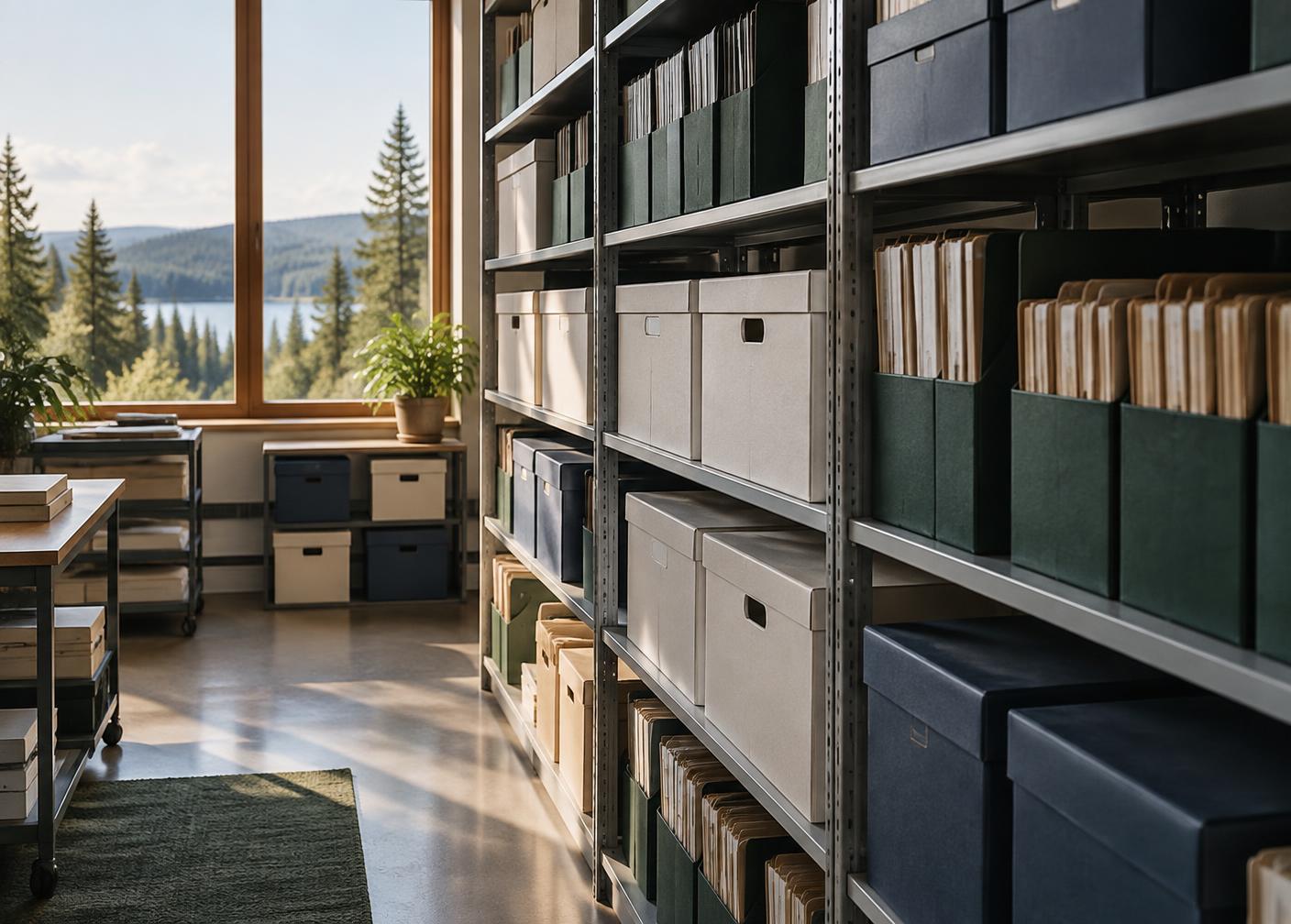 Organized archive boxes and folders on shelving