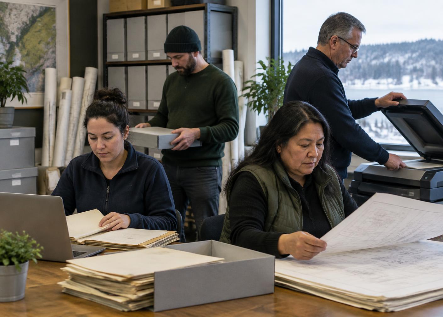 Records digitization team working together on site